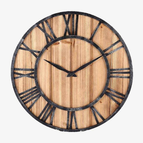 Horloge murale ronde en bois et métal avec chiffres romain style industriel 40cm