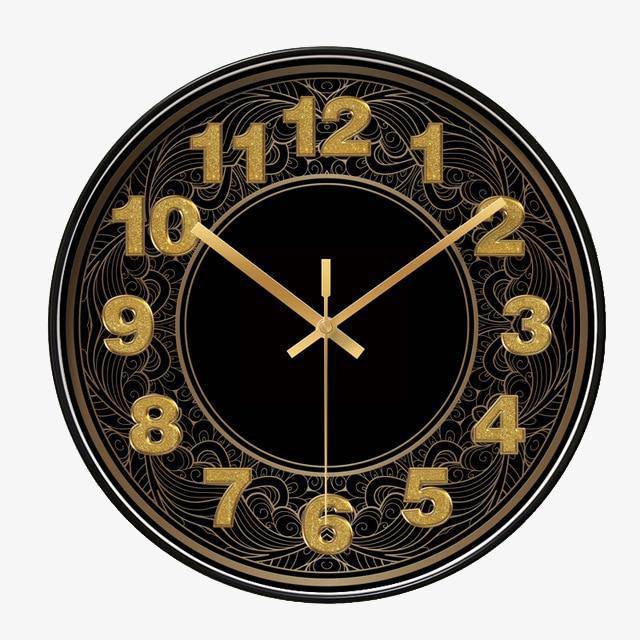 Round black wall clock with gold numerals Display
