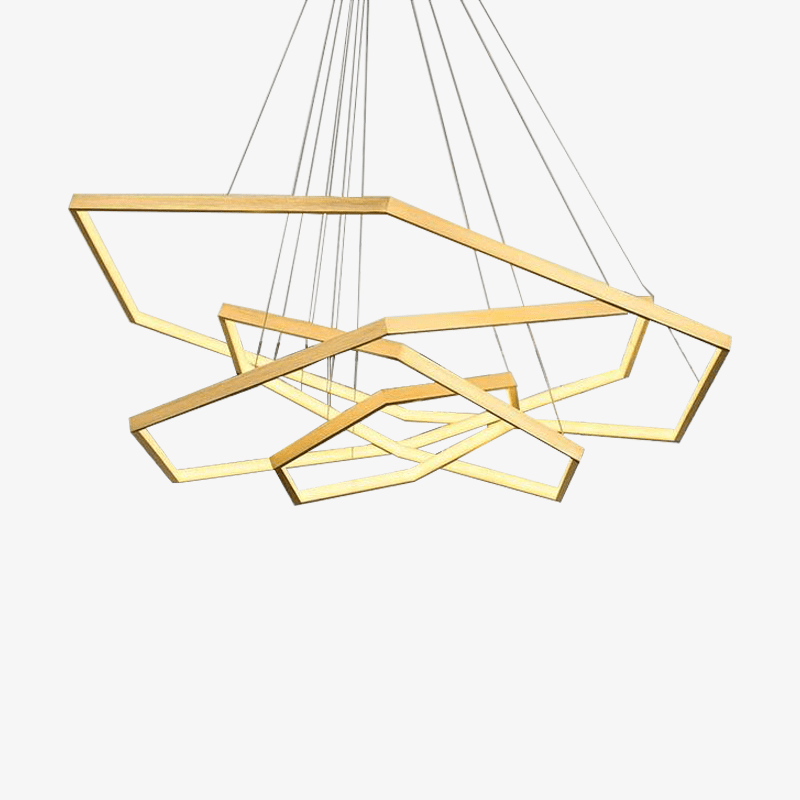 Araña design LED con anillos de oro en estilo geométrico Lujo