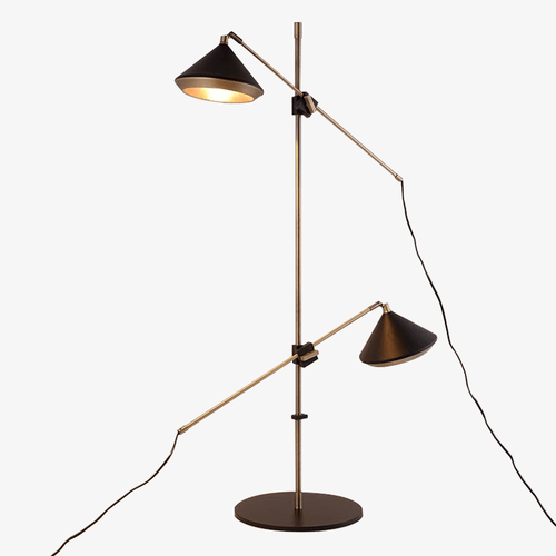 Lampadaire design avec deux abat-jours ajustables sur pied doré Sofa
