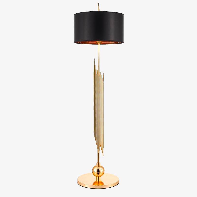 Lampadaire design doré avec abat-jour noir arrondi body