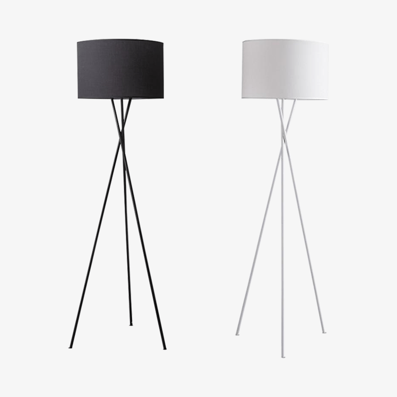 Lampadaire design LED tripod avec abat-jour en tissu noir ou blanc