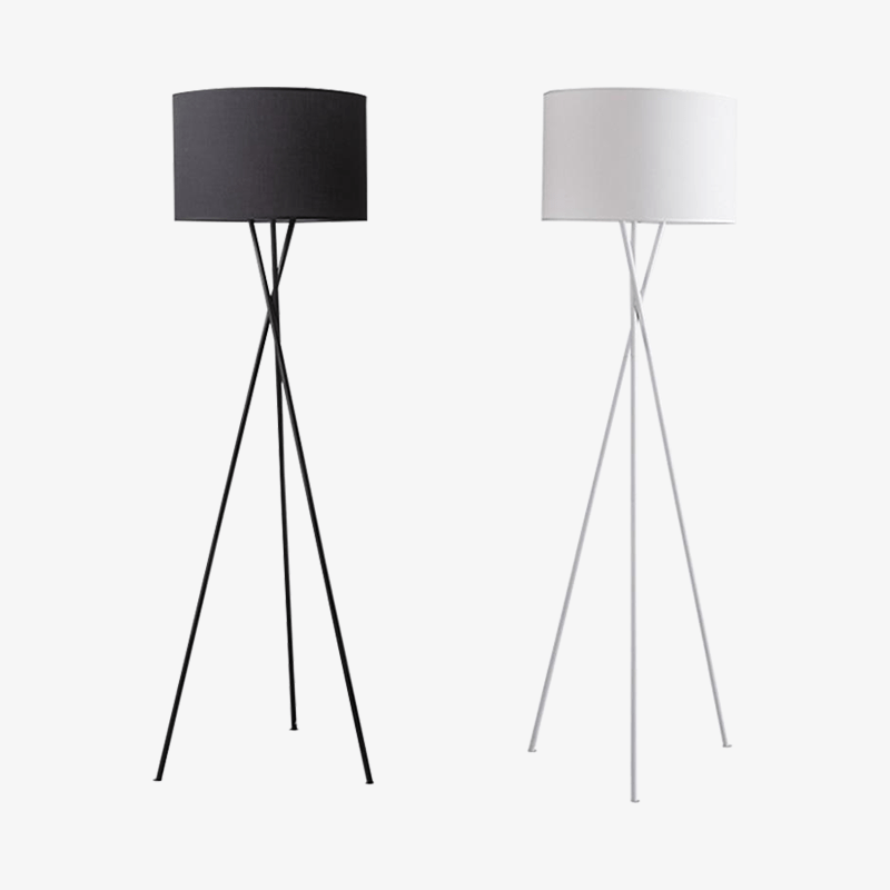 Floor lamp LED tripod design with lampshade in black or white fabric