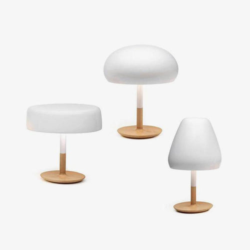 Lampe à poser design LED avec base en bois et abat-jour aux formes arrondies Créative