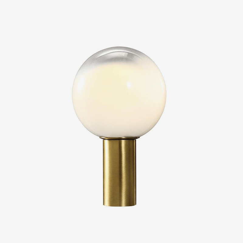 LED design table lamp with gold cylinder and white glass ball