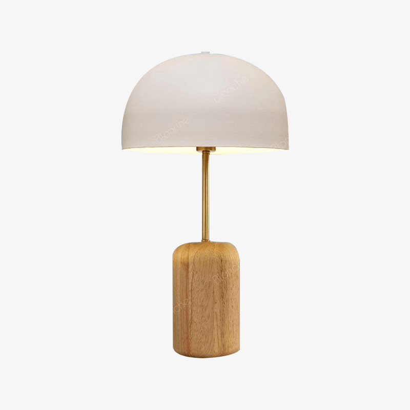 Lampe à poser LED en bois avec abat-jour arrondi blanc