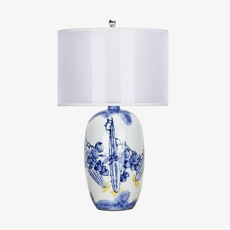 Lámpara de mesa LED de cerámica blanca y azul con pantalla de estilo japonés