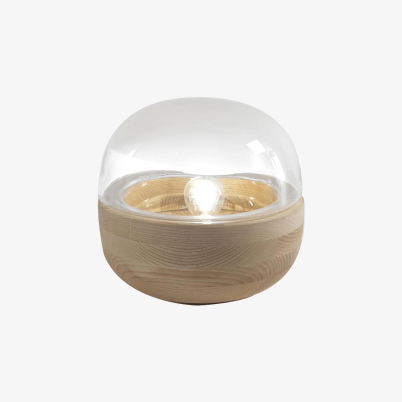 Modern LED table lamp with wooden base and rounded glass base