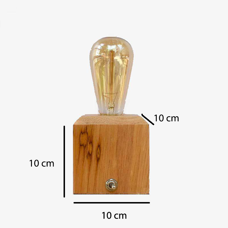 Lámpara de escritorio o de cabecera con base cúbica de madera