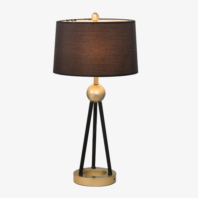 LED bedside lamp with three linked feet, gold ball and lampshade fabric