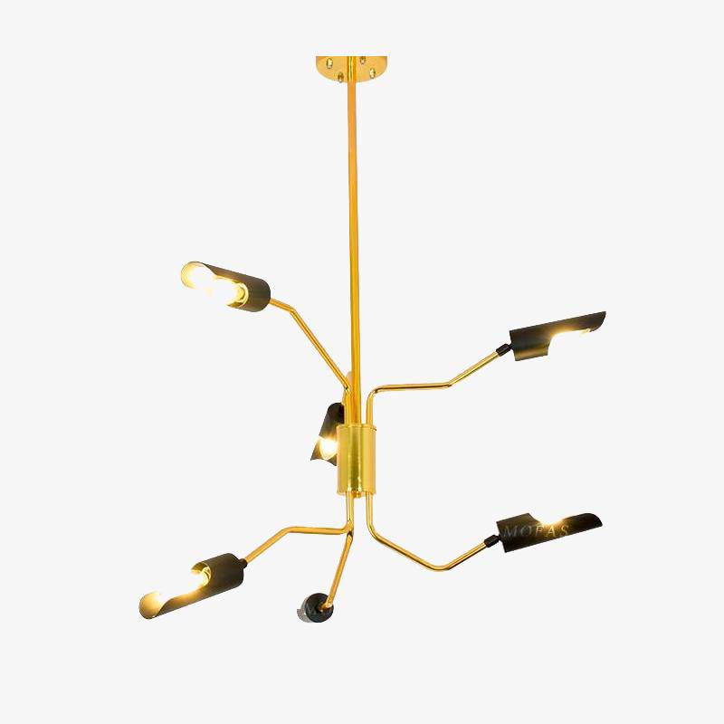 Lustre design à LED avec bras articulés dorés et lampes noires