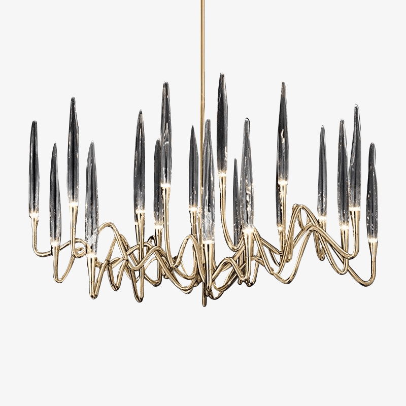 LED design chandelier with golden rods and hotel style glass