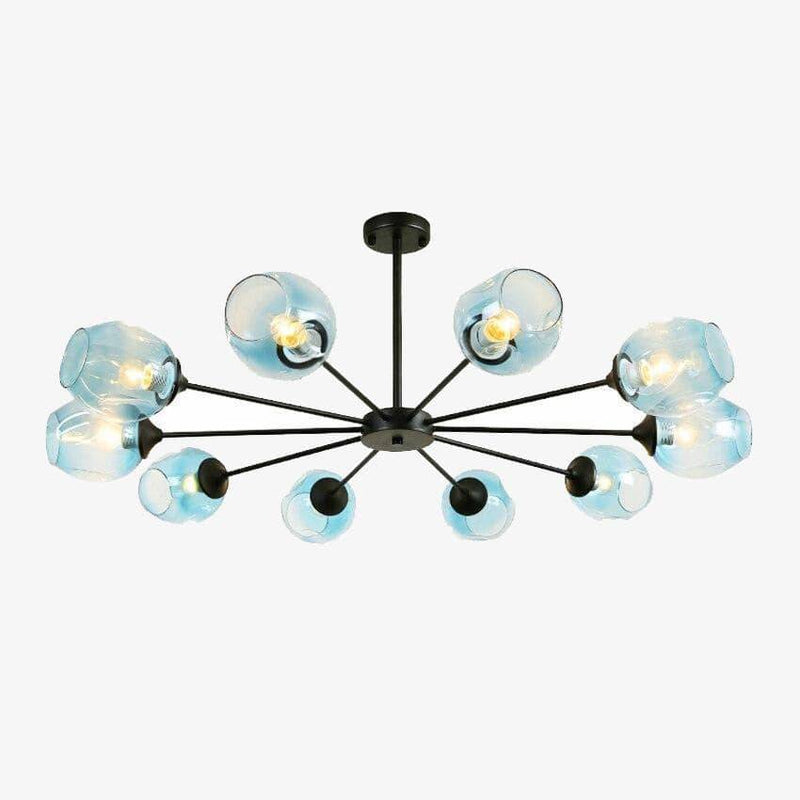Metal LED design chandelier with several coloured glass shades