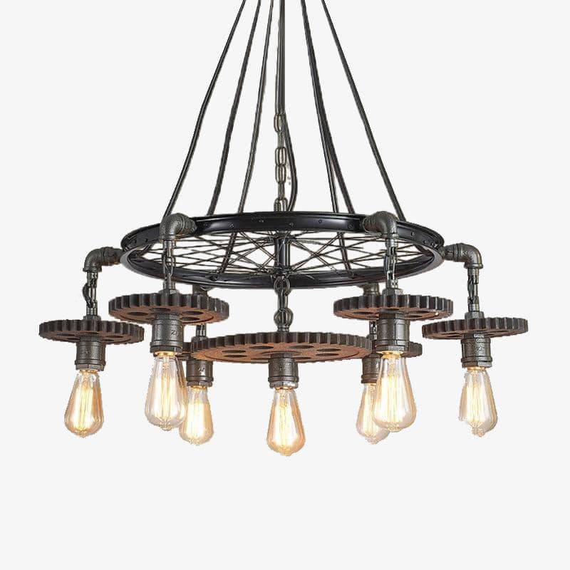 Retro LED chandelier with Edison bulbs and industrial gears