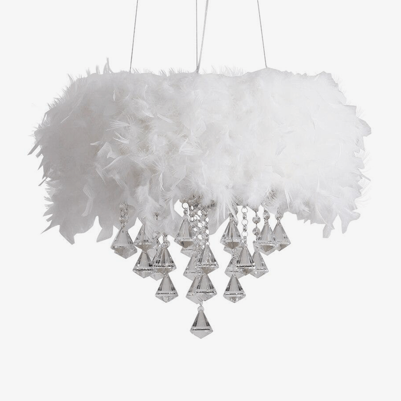 Round modern LED chandelier with feathers and crystal glass