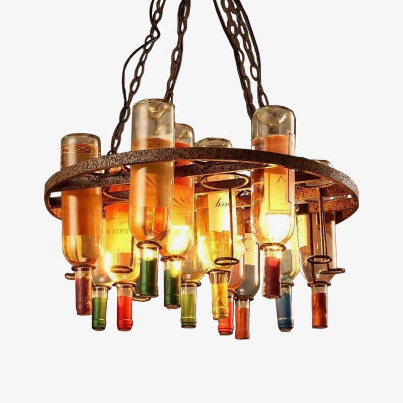 Rustic chandelier in retro metal and coloured glass bottles 60x32cm