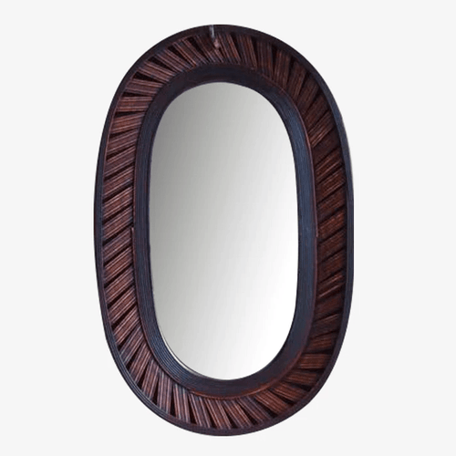 Miroir mural décoratif long ovale en bambou marron foncé