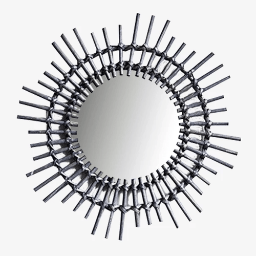 Miroir mural décoratif rond en rotin noir Rattan