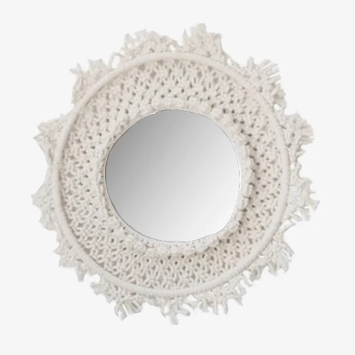 Miroir mural rond en tissu beige Bohemian
