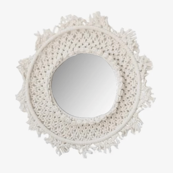 Round wall mirror in beige fabric Bohemian