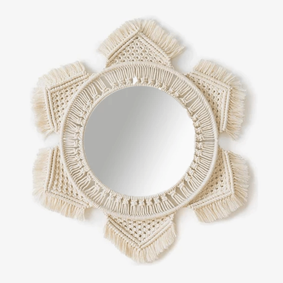 Miroir mural rond en tissu beige hexagonal Bohemian
