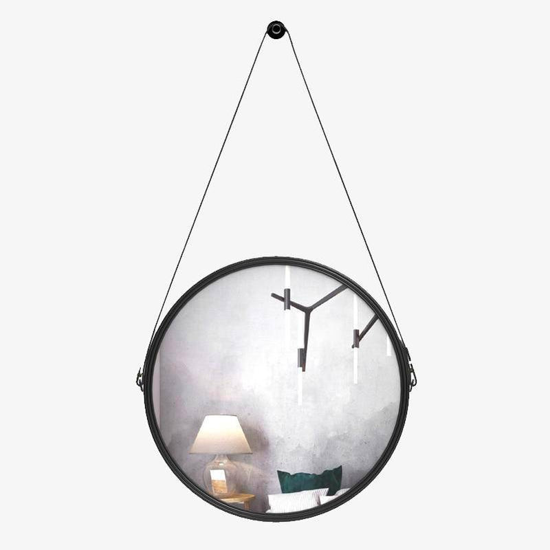 Wall hung mirror round black Leather