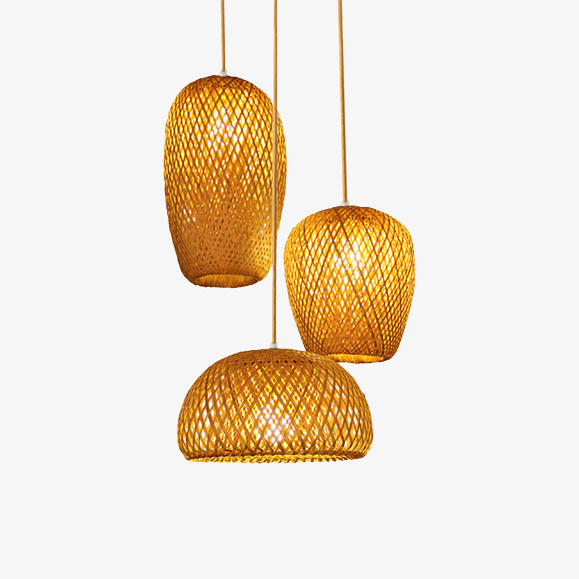 Lámpara de suspensión Ratán LED con varias formas redondeadas Bambú