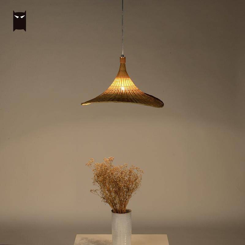 Lustre design en rotin LED avec abat-jour chapeau - vue 4 sur 4