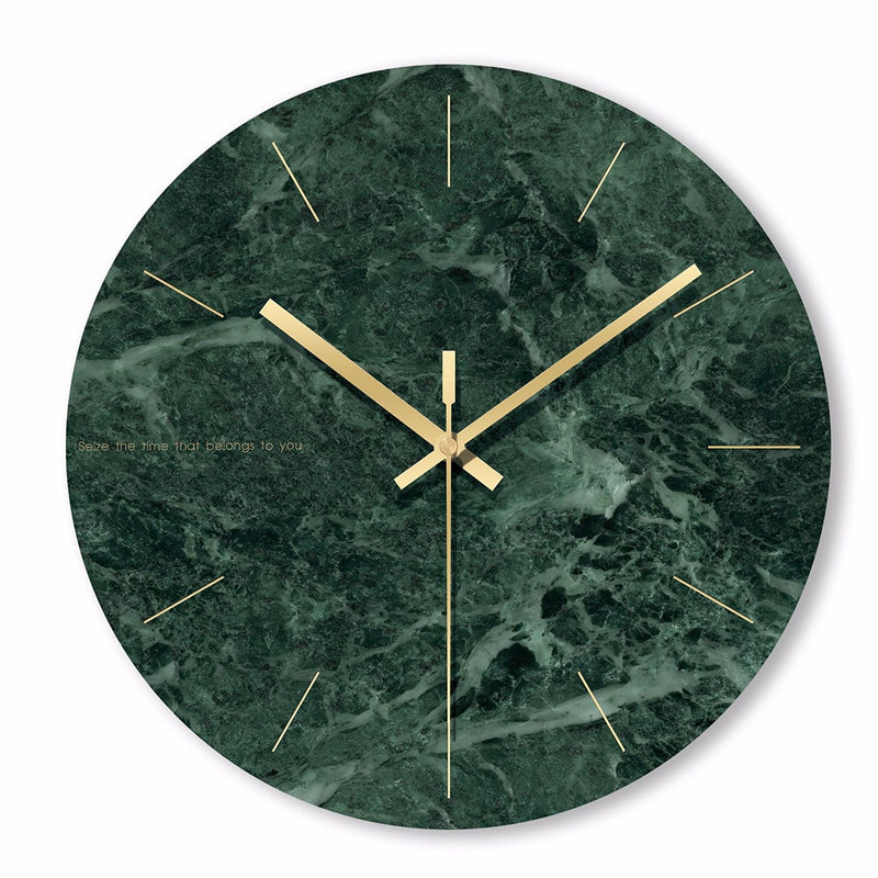 Horloge murale ronde design en verre style marbre vert et détails dorés 30cm