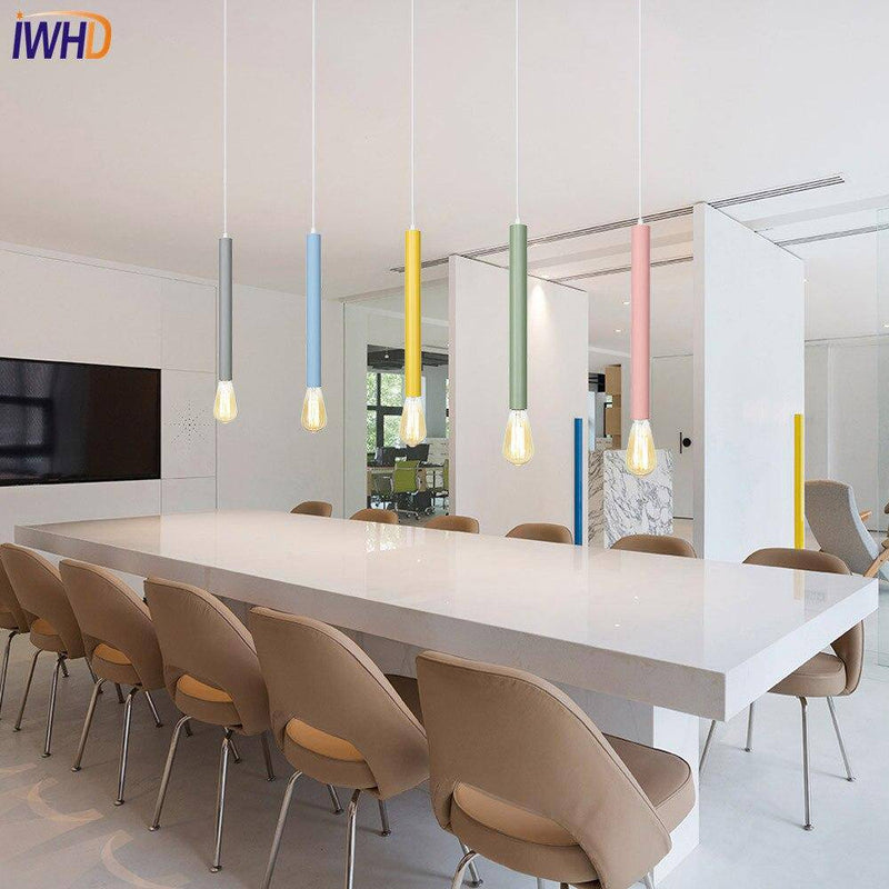 pendant light LED colored cylinder with exposed lamp