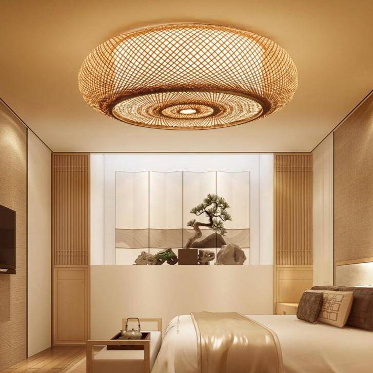 Round LED Rattan Ceiling Light Woven Style