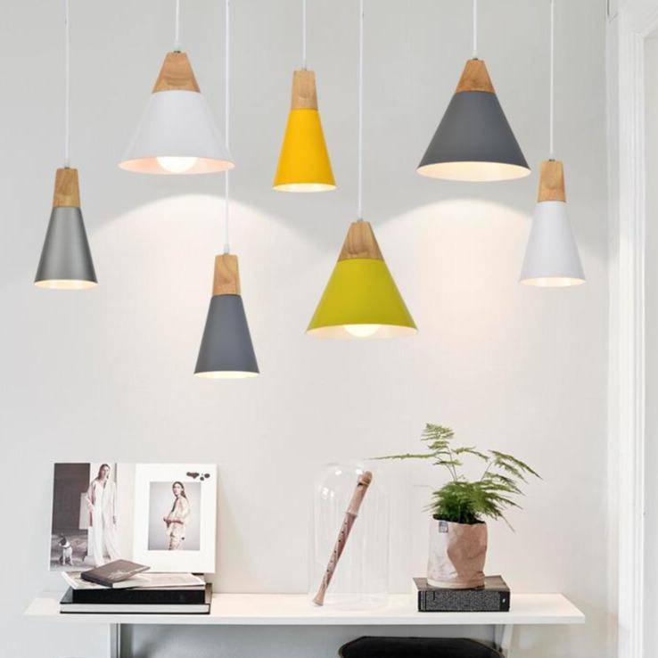 Cone-shaped wood and aluminum pendant light