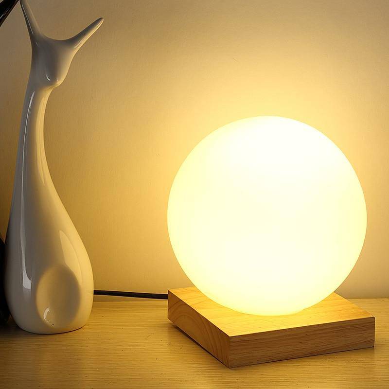 Modern LED table lamp with wooden base and glass ball Ball