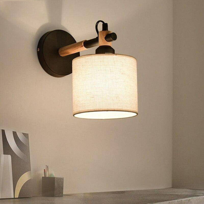 wall lamp wood and metal wall with lampshade cylindrical fabric