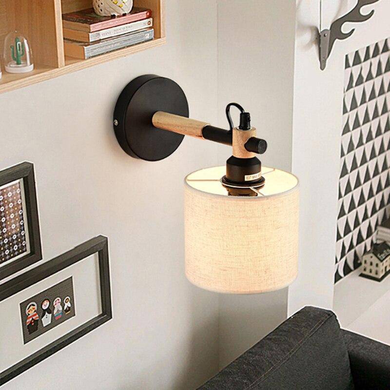 wall lamp wood and metal wall with lampshade cylindrical fabric