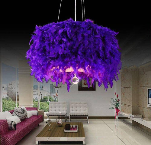 Round chandelier in coloured feathers