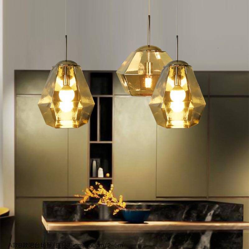 Suspension design à LED forme de diamants en verre coloré
