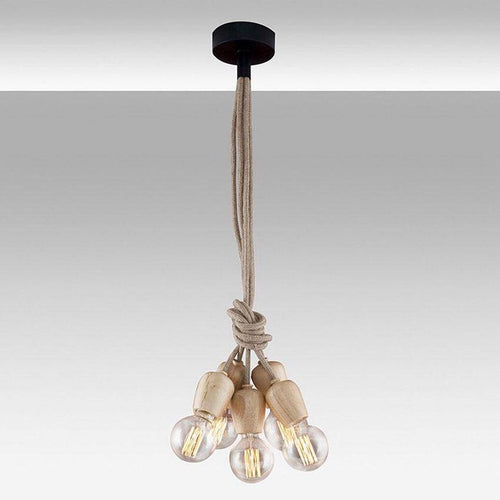 pendant light with 5 wooden lamps suspended on ropes