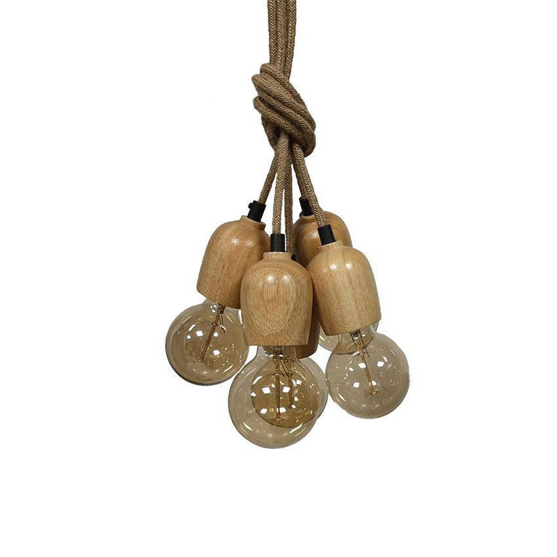 pendant light with 5 wooden lamps suspended on ropes