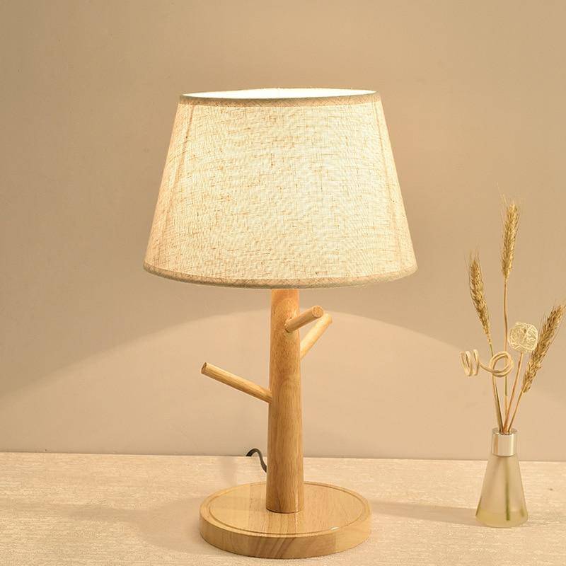 Lampe de chevet LED arbre en bois avec abat-jour en tissu