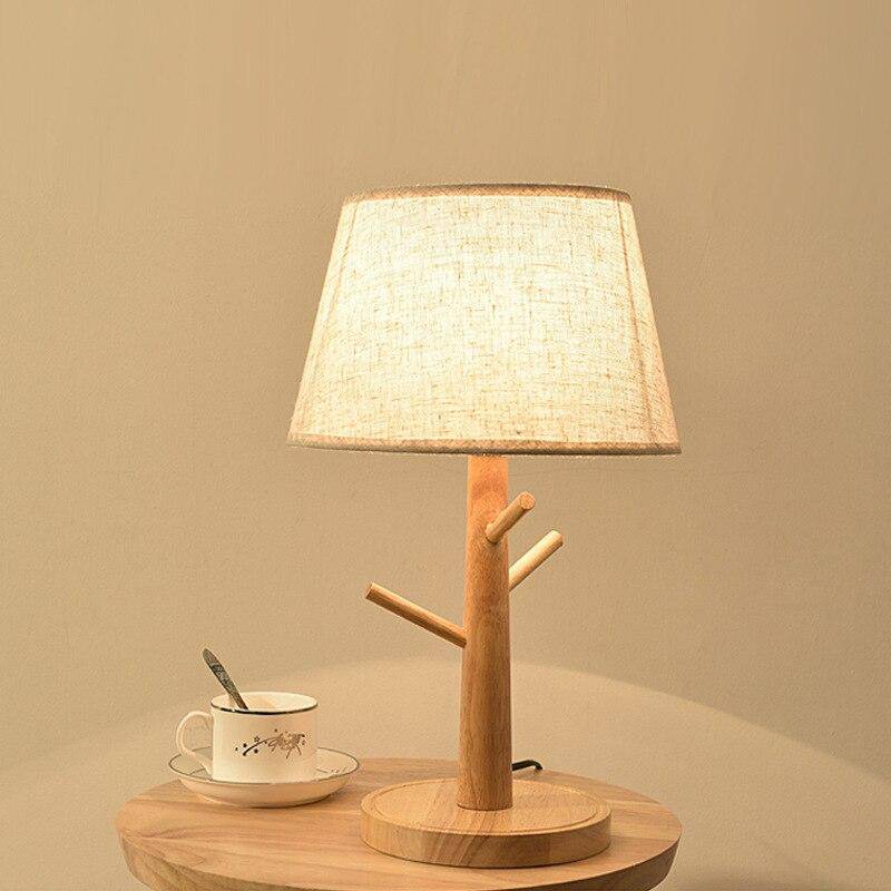 Lampe de chevet LED arbre en bois avec abat-jour en tissu