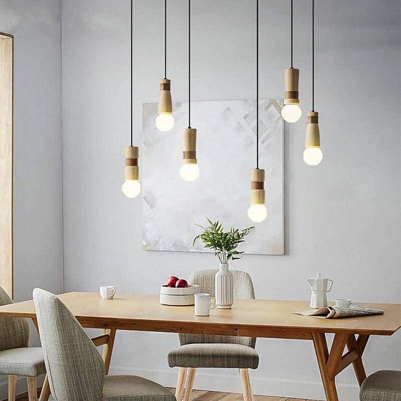 Suspension LED de formes cylindriques en bois avec bracelet simili cuir - vue 3 sur 11
