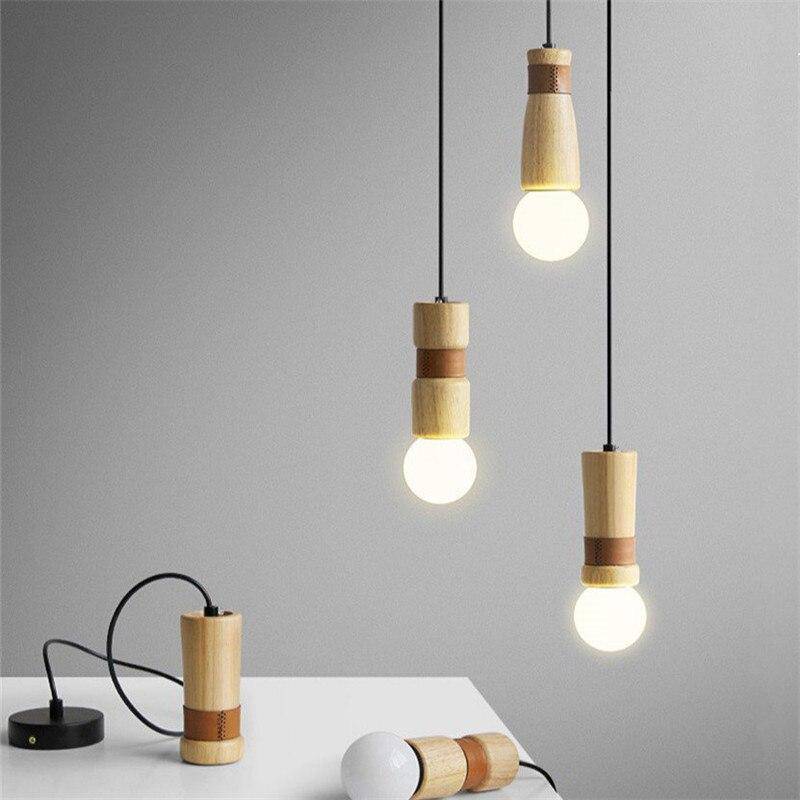 Suspension LED de formes cylindriques en bois avec bracelet simili cuir