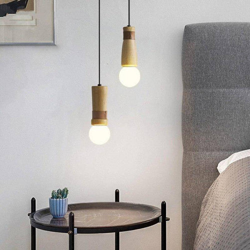 Suspension LED de formes cylindriques en bois avec bracelet simili cuir