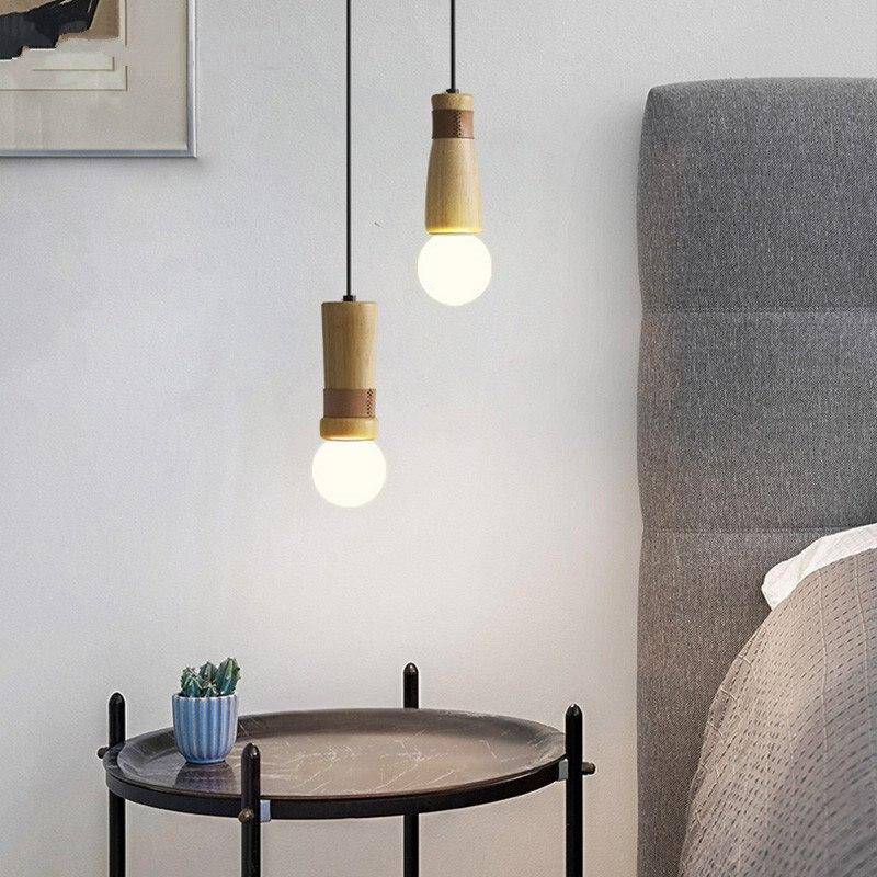 Suspension LED de formes cylindriques en bois avec bracelet simili cuir - vue 11 sur 11