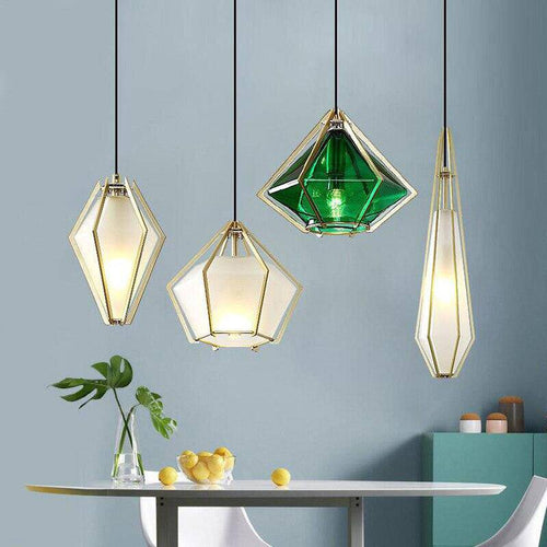 Suspension design à LED en verre et cage dorées