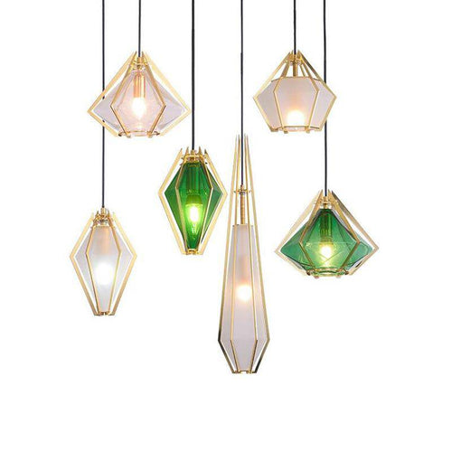 Suspension design à LED en verre et cage dorées