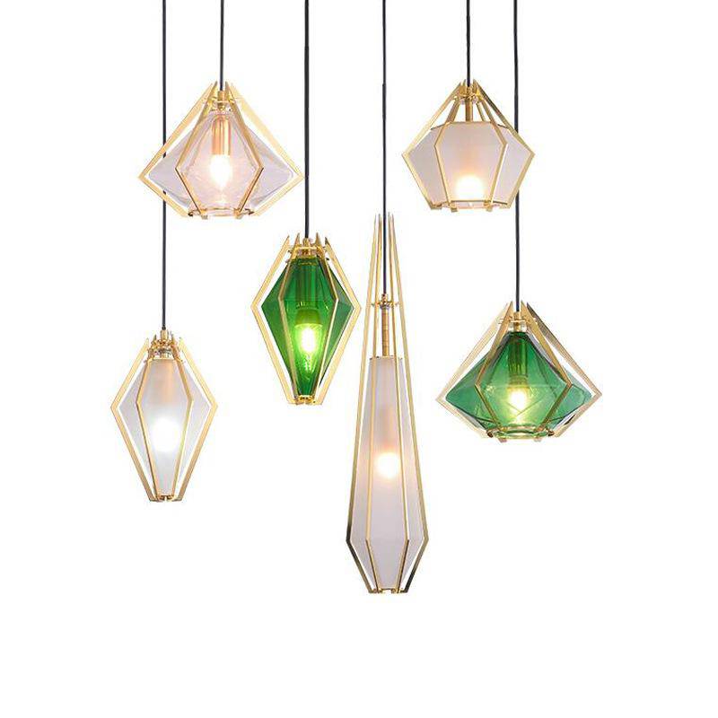 Suspension design à LED en verre et cage dorées - vue 7 sur 21