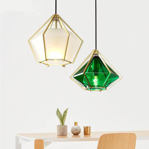 Suspension design à LED en verre et cage dorées