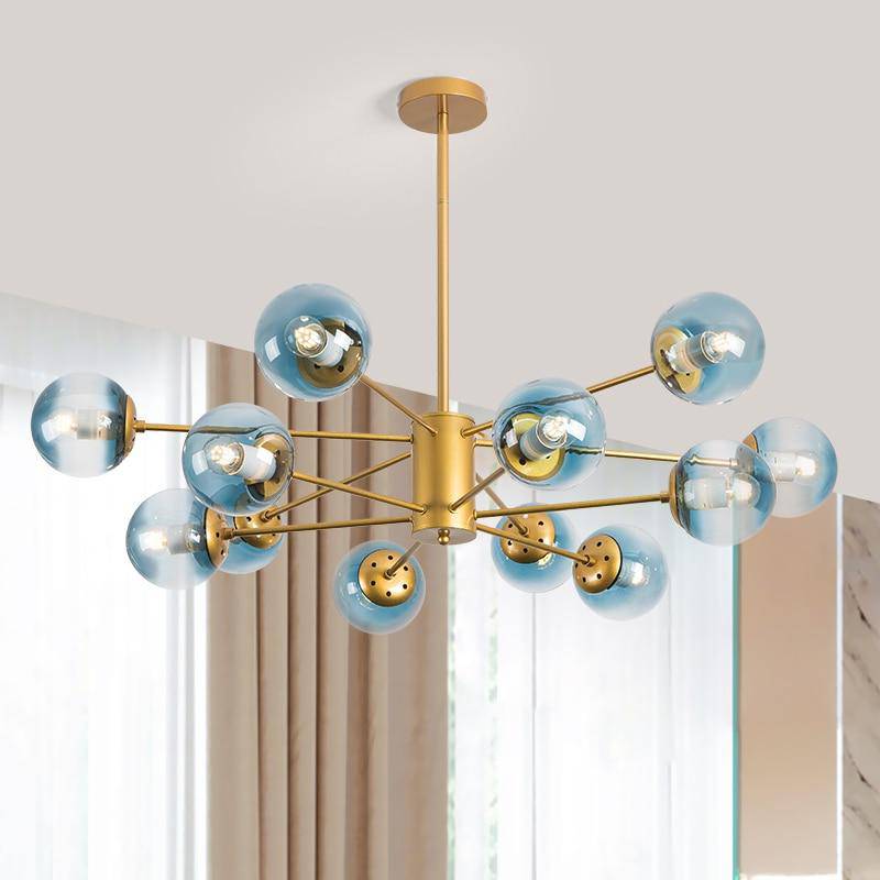 LED chandelier in gold metal with coloured glass balls Loft